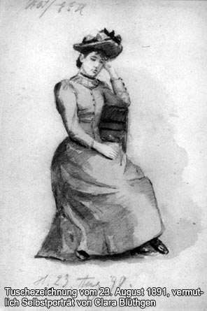 Tuschezeichnung vom 23. August 1891, vermutlich Selbstporträt von Clara Blüthgen